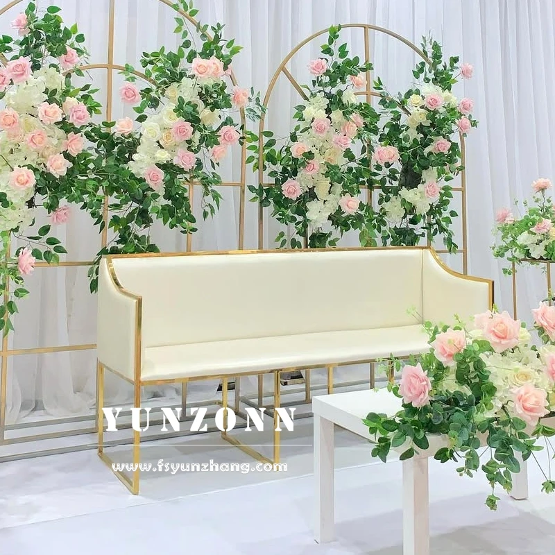 Upholstered Gold Stainless Steel Accented White Leather Wedding Sofa for Rental Event