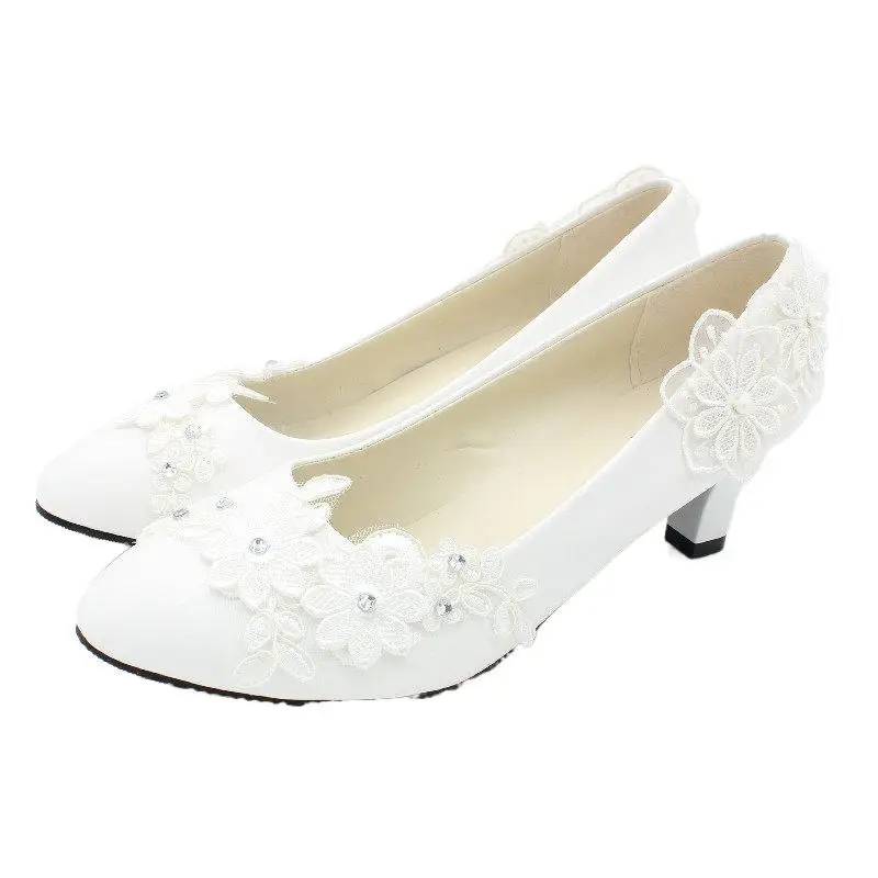 34-42 Autumn New White Large Wedding Shoes Women's square heel shoes Decal Bridal Shoes