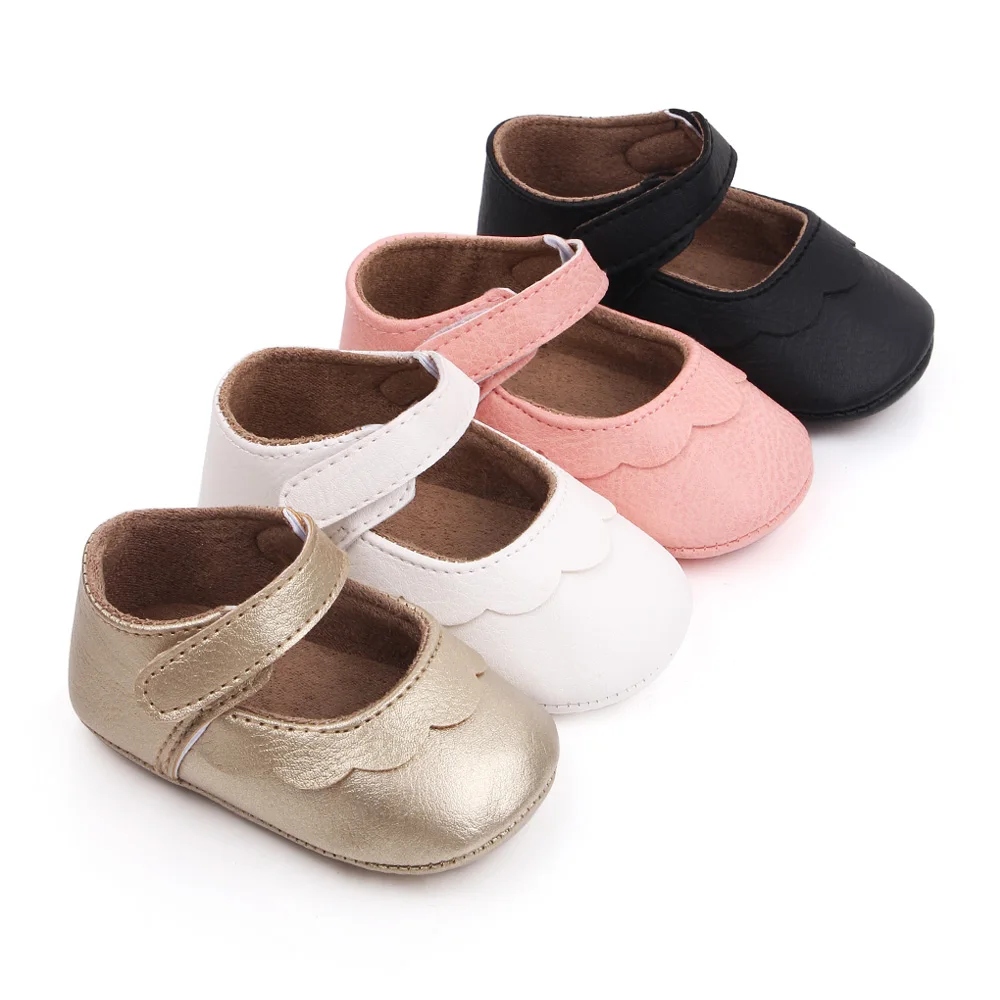 Solid Color PU Leather Top Wave Lace Baby Girls Non-slip Soft Soled Princess Toddler Shoes manufacture