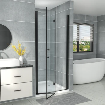 Bi-Fold Shower Door  - 34" W x 72" H, Frameless  with 1/4"  Clear Tempered Glass  Polished Matte Black