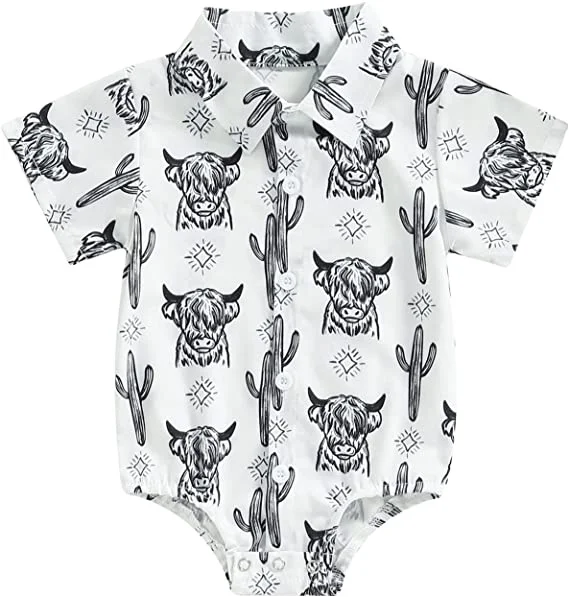 High quality Button Up  Baby Boy Western Clothes Cow Print Dress Shirt Bodysuit