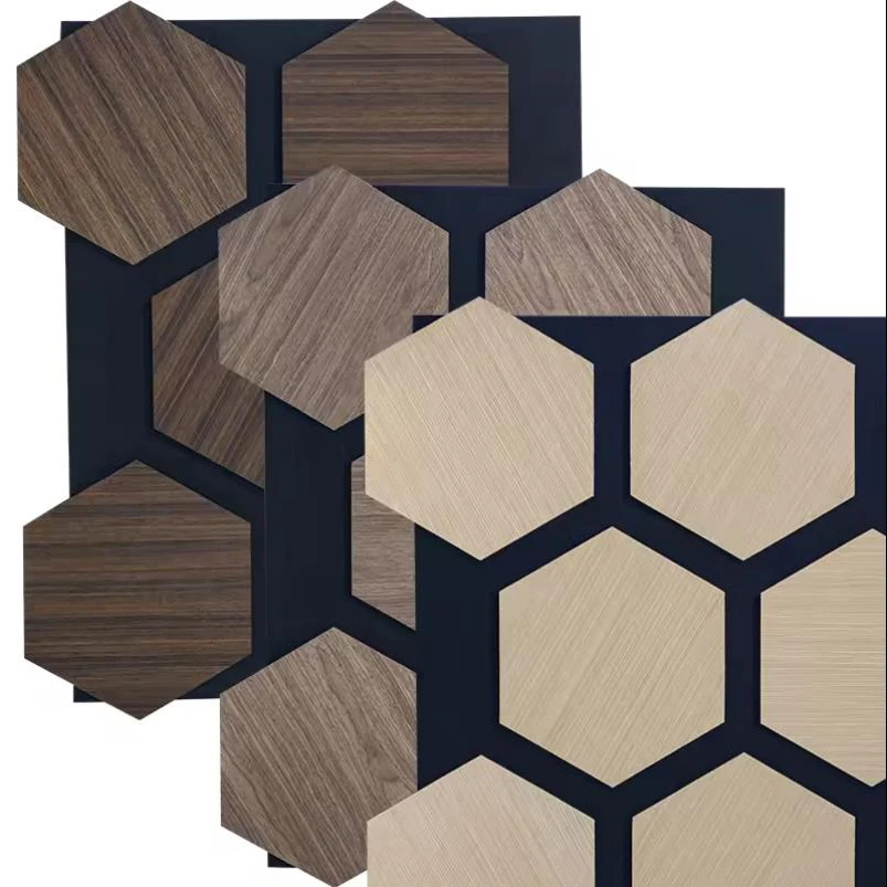 Hexagon Akustikplatten Akoestische Wandpanelen Smoked Oak Hexagon Wooden Acoustic Panels with Black PET Felt Backing