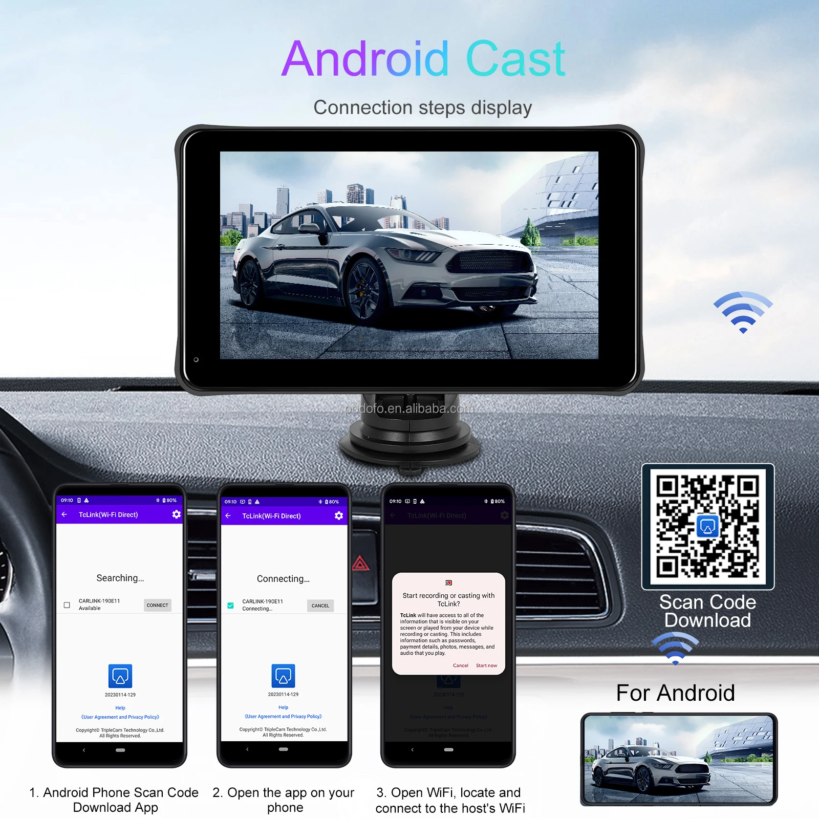 Podofo Portable Carplay Android Auto 7 Inch Hd Screen Car Monitor