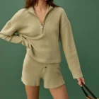 Custom Soft Cotton Zip Up Waffle Pullover Sweatshirt Jogger High Waist 2 Piece Women Short Sets