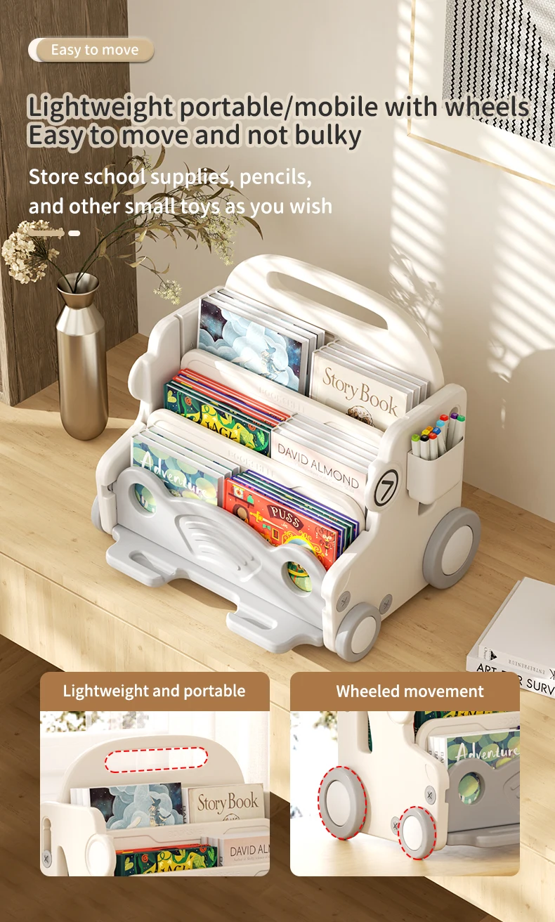 Feelkids Car Shape Plastic Cabinet Toy Shelf Book Clothes Cabinet Toys Organizer Storage Racks with Wheels for Kids Room supplier