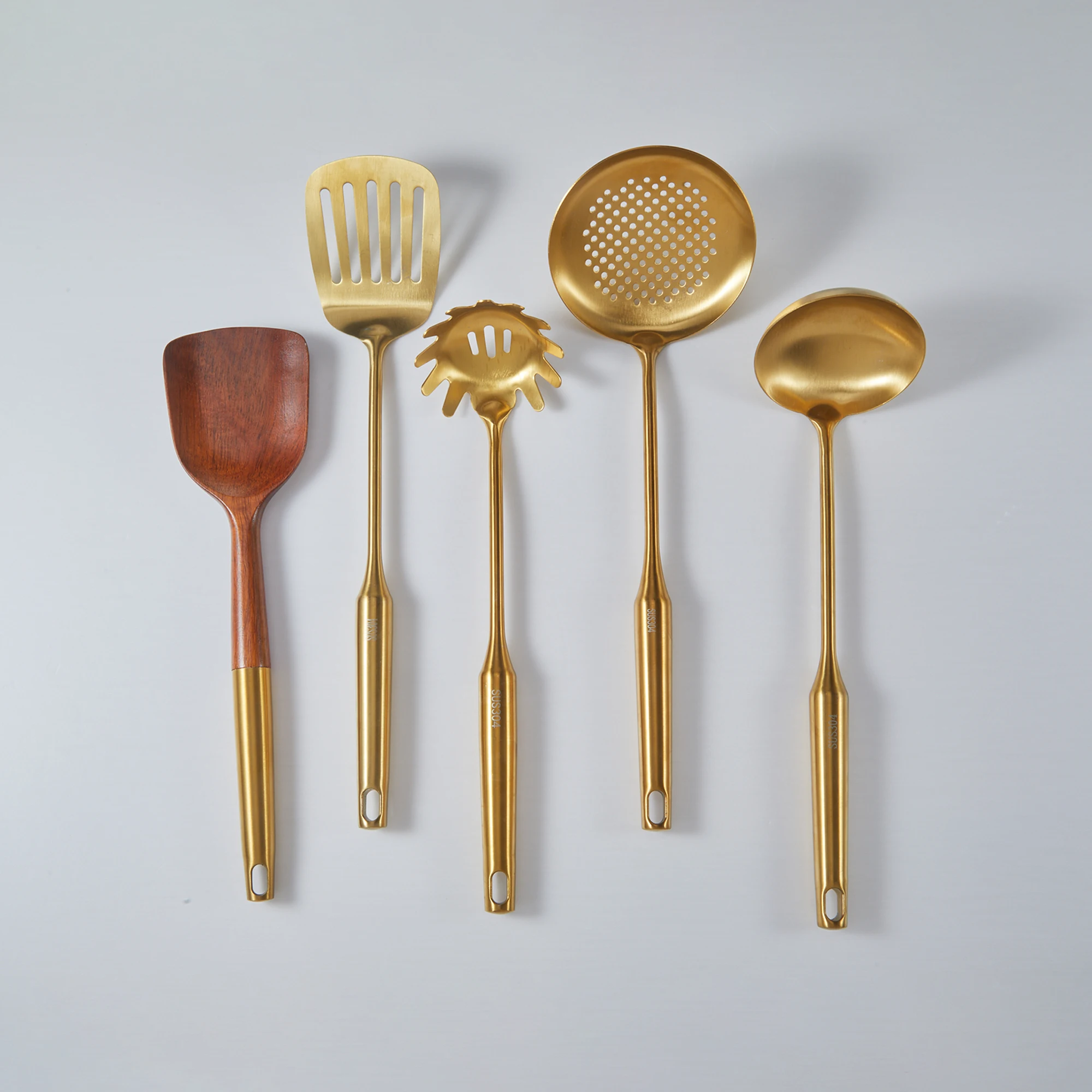 2022 New Design 5 Pcs Wood and Shiny Gold Color Best Tools Home Cooking Kitchen Accessories Utensil Set