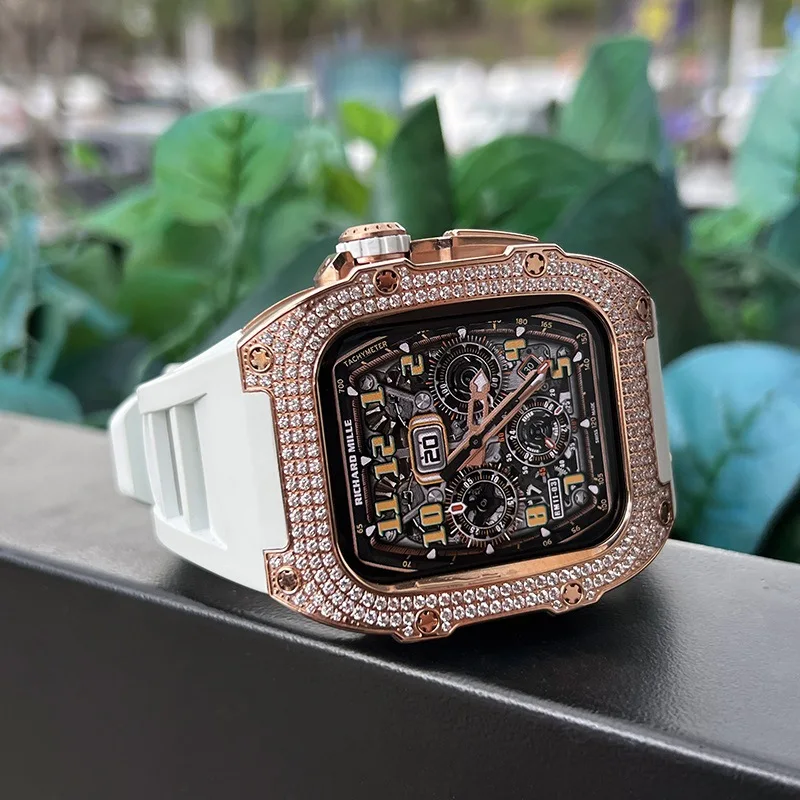 44 45mm Diamond Case Fluororubber Strap For Apple Watch Series 8 7 45