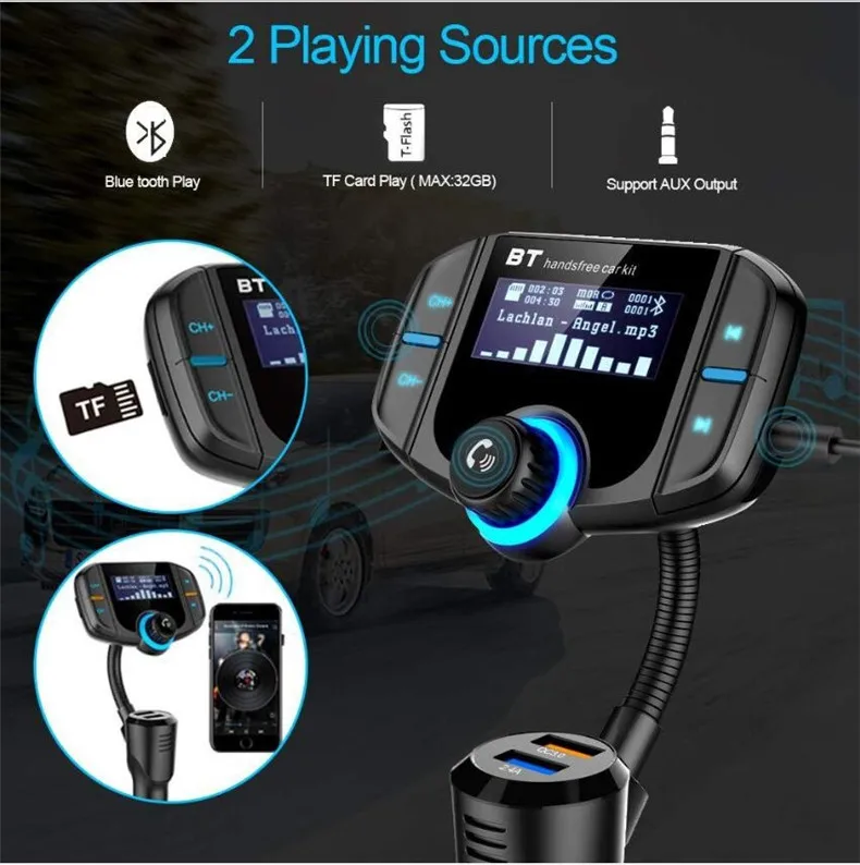 Oem Fm Transmitter Bt Hands Free Car Kit With Display Qc3.0 2.4 Dual