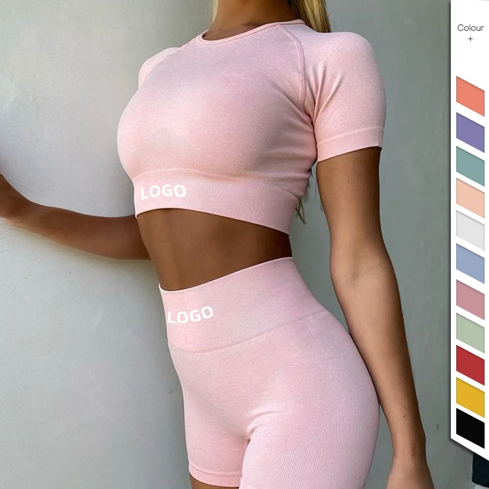 Custom Two Pieces Short Workout Apparel Woman Yoga Crop Tops Short Sleeved Sport Bra Seamless Activewear Fitness Sets For Women