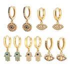 Earrings ODM Aretes Fashion Jewelry Turkey Hamsa Hand Eyes Pendant Crystal Blue Zircon Eye Earrings Hoop