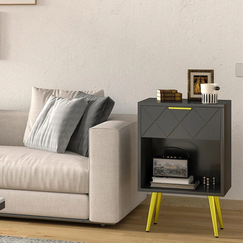 Modern Style Black Nightstand with Open Wood Shelf and Gold Legs Bedside Table Storage Dresser for Living Room Bedroom supplier