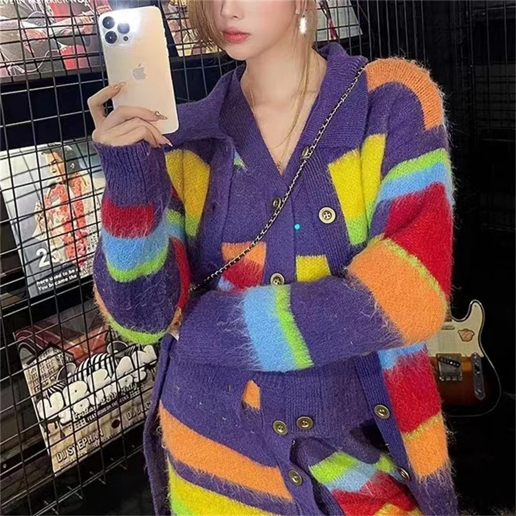 Women Candy Contrast Color X-Long Rainbow Striped Sweater Coat Vintage Stripes Knitted Cardigan Single Breasted Sueter Knitwear