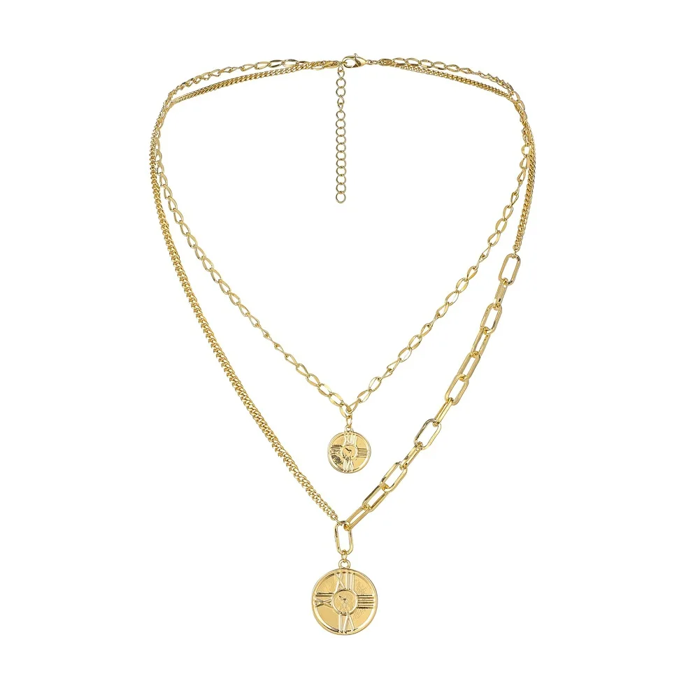 Double layer splice chain round pendant necklace clock roman digital pendant trend necklace wholesale