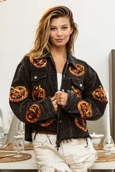 Halloween Custom Sequin Pumpkin Embroidery Corduroy Shacket Coats Jacket for Women