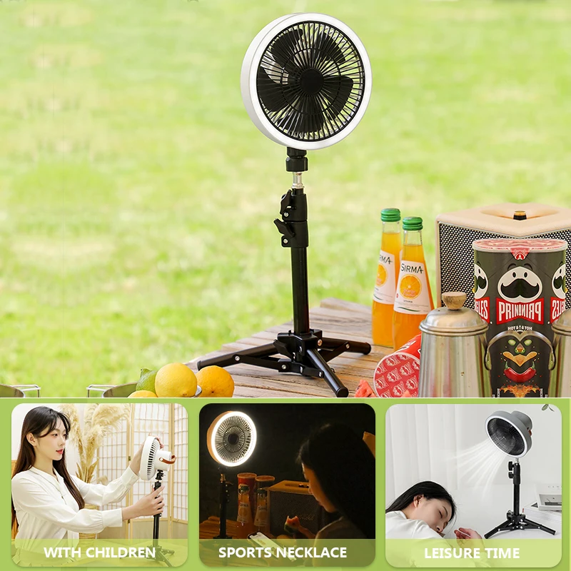 2024 Hot Sale Hangable USB Rechargeable Oscillating Fan Detachable LED Lights Summer Outdoor Camping Fan with Metal Tripod
