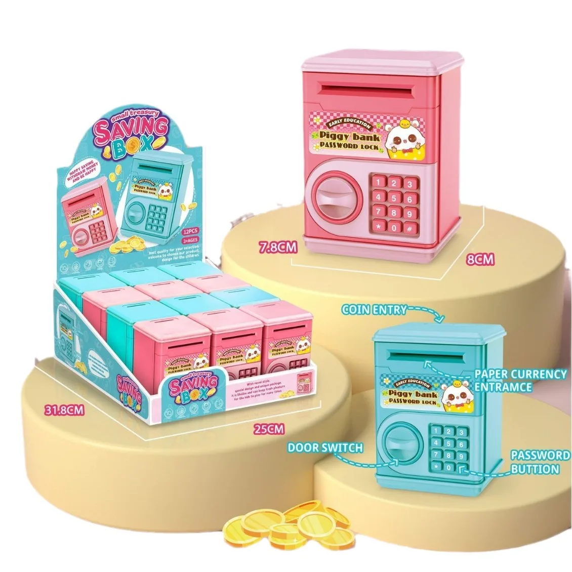 Mini Kids Money Saving Box 12 pcs Set Piggy Bank Password Lock Box Coins LOOSE CHANGE Education Kids Electric Cash Piggy Bank