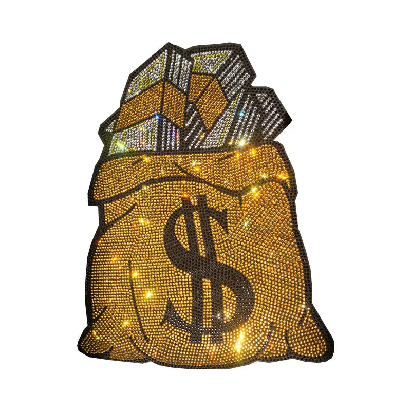 Red Bag Dollar Rhinestone Design heat transfer bling patch iron on rhinestone t shirt printing