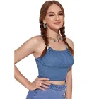 Womens Top Fashionable Zipper Back Ruched Bust Crop Denim Cami Top