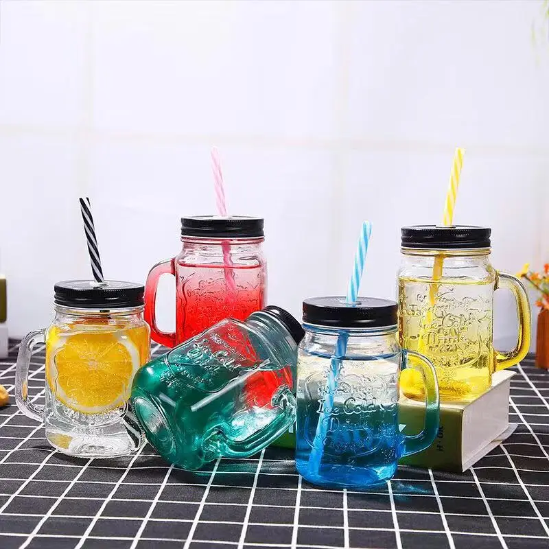 A3322 Cold Drinking Handle Jars Gifts Transparent Beverage Juice Bottle With Lid Water Cup Mug Glass Storage Mason Jar