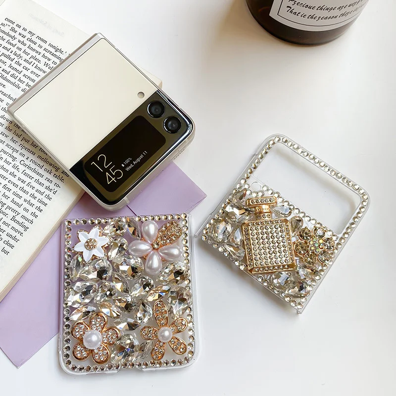 DIY Luxury Bling Diamond Phone Case For Samsung Galaxy Z Flip 3 4 5 Folding Rhinestone Back Cover For Samsung Galaxy Z Fold 3 4