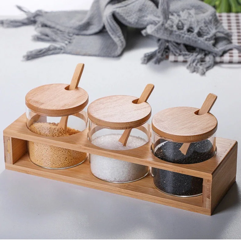 Hot sale Eco Friendly with holder and spoon square glass spice jars glass spice jars with bamboo lids set spice jar