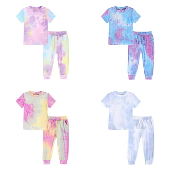 M944 Kids Tales Clothing Soft Pajamas Set Tie-Dye Two Piece Set Tracksuit Lounge Sets Baby Kids Girls Tie Dye Sleepwear