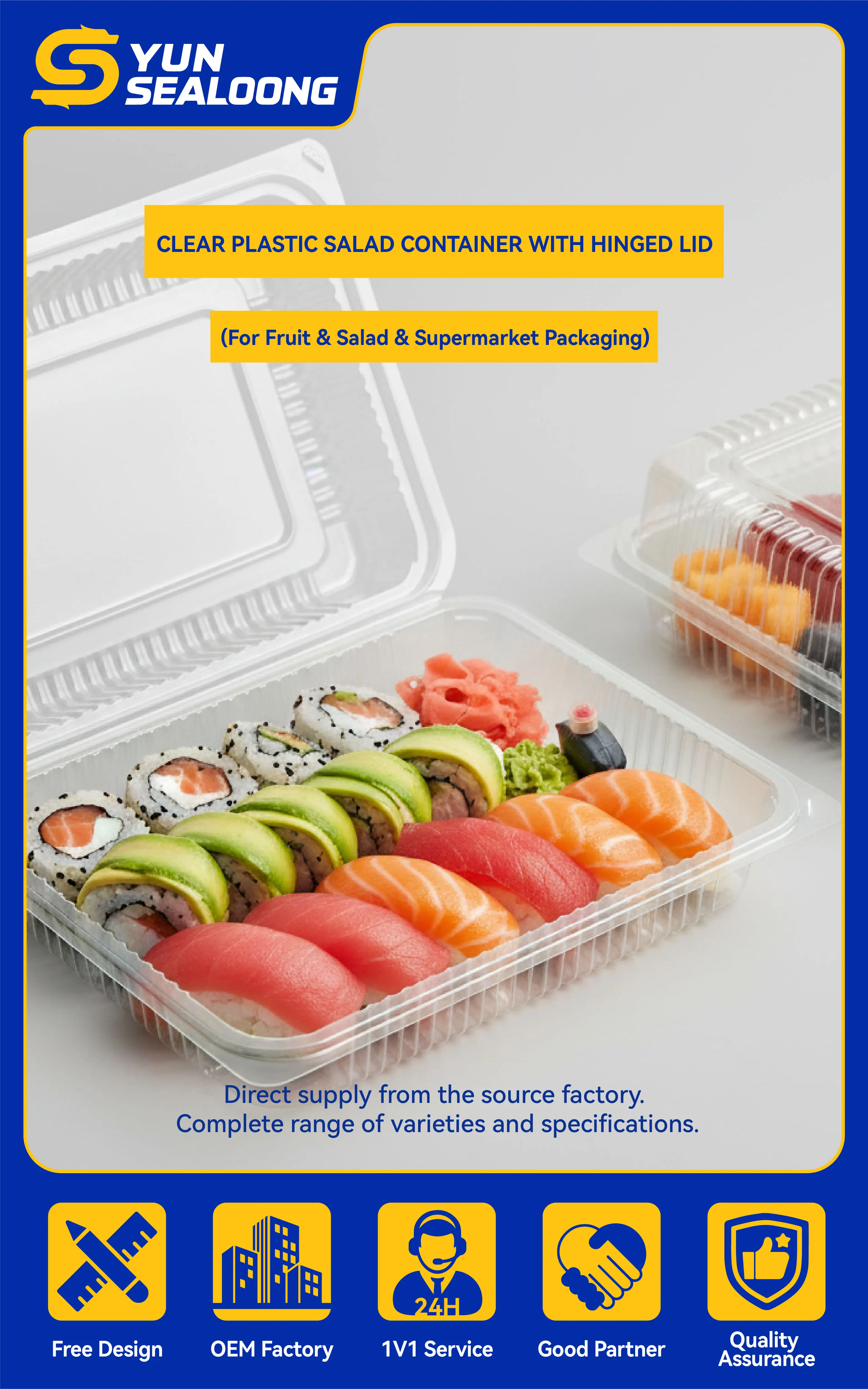 Wholesale Food-Grade Clear Plastic Salad Container with Hinged Lid Plastic Boxes for Supermarket Packaging