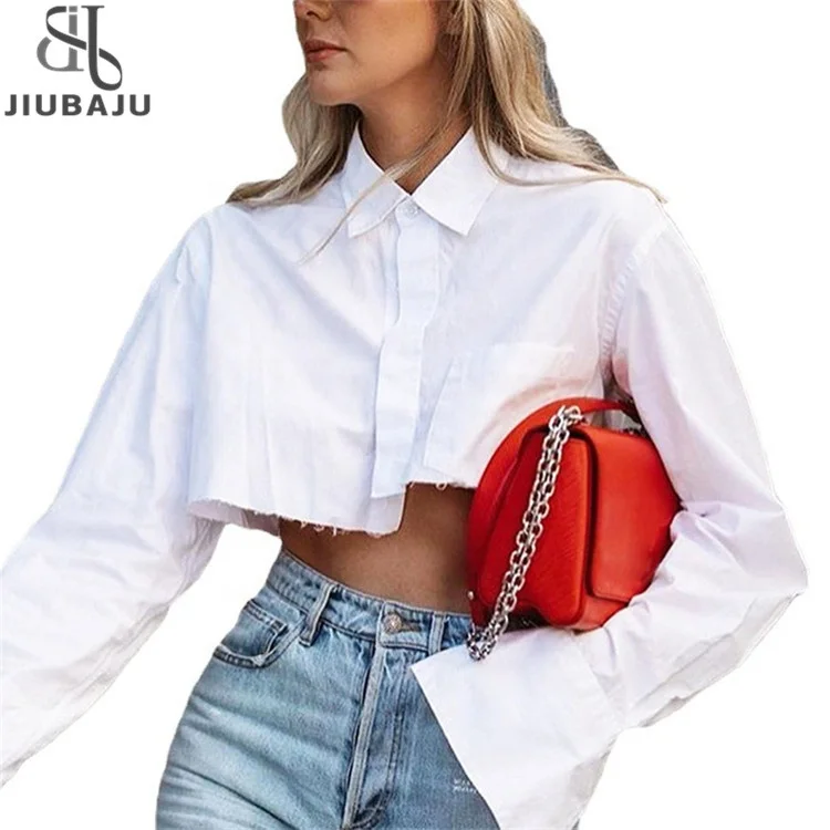 Fall Solid Shirts For Women 2023 Turn-down Collar Long Sleeve Black Crop Top Casual White Pockets Shirts