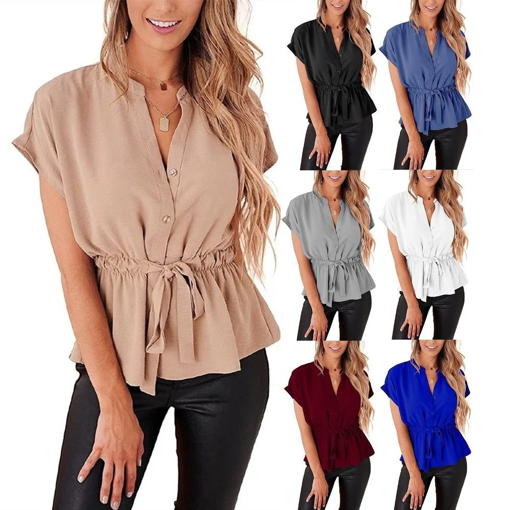 Karlywindow Women Short Sleeve Shirt Button Down Blouse V Neck Collarless Casual Summer Beach Shirts