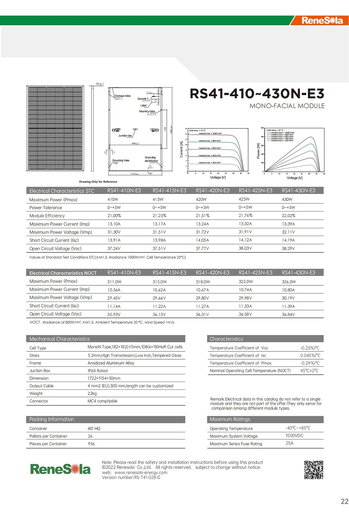 Renesola N Type Panel Solar Para Casa Rs41 410 430n E3 410w 415w 420w