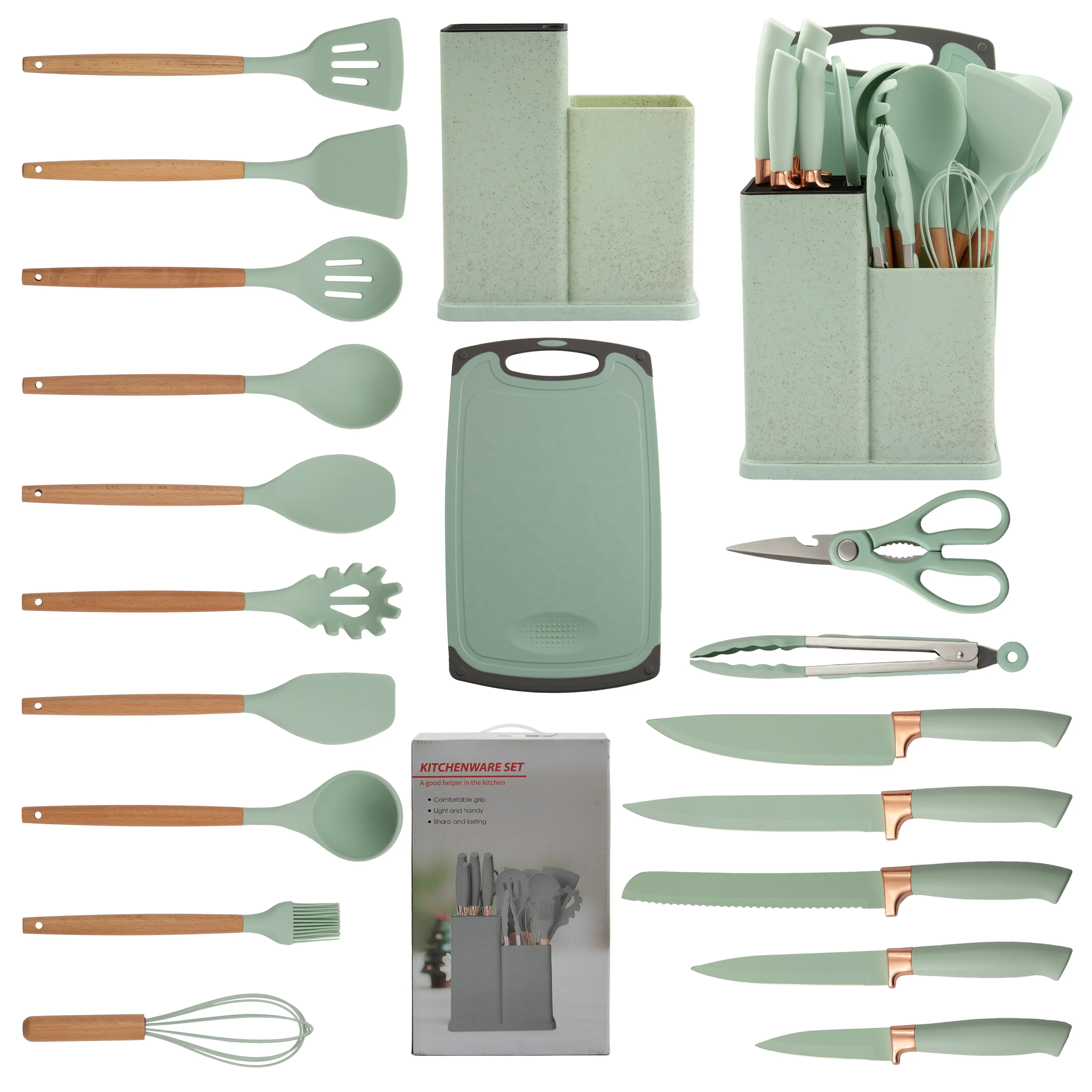 Wholesale 19 Pcs set silicone kitchenware accessories cooking tools set spatula stirring kitchen utensils Wooden Handle