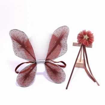 Fashion Brown Mesh Butterfly Fairy Wing and Wand Set Performance Angel Wings for Children