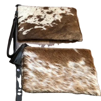 Real Cowhide Wristlet Clutch Purse Handbag Brown White Leather Lined 8.5"x5.5"