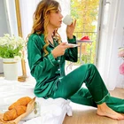 Sleepwear 2021 Women's Sleepwear Solid Cozy Piyama Women 2 Pieces Satin Pajamas Set