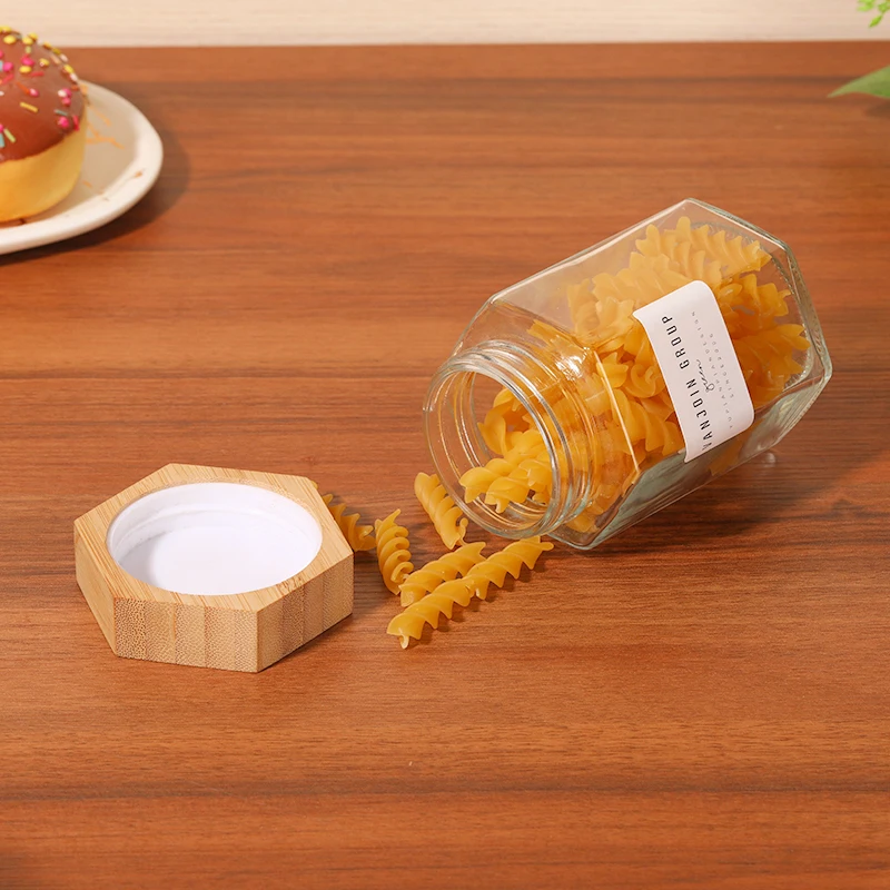 Screen Printing Clear 100ml 280ml 380ml Food Packing Jars Hexagon Glass Container with Wooden Lid for Honey