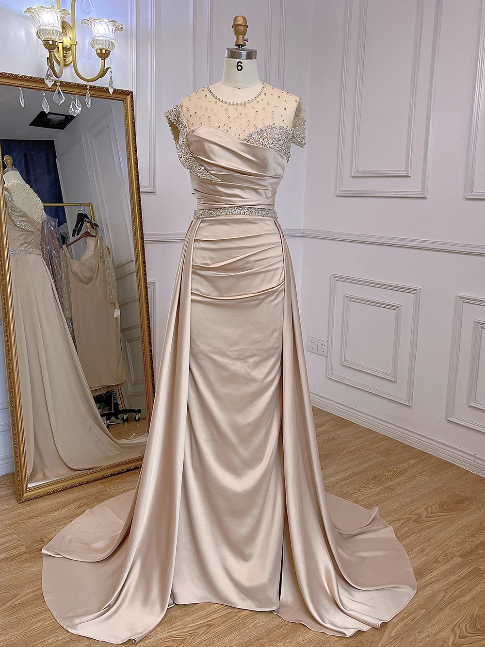 Arabic Nude Mermaid Elegant Satin With Over Skirt Evening Dresses Gowns