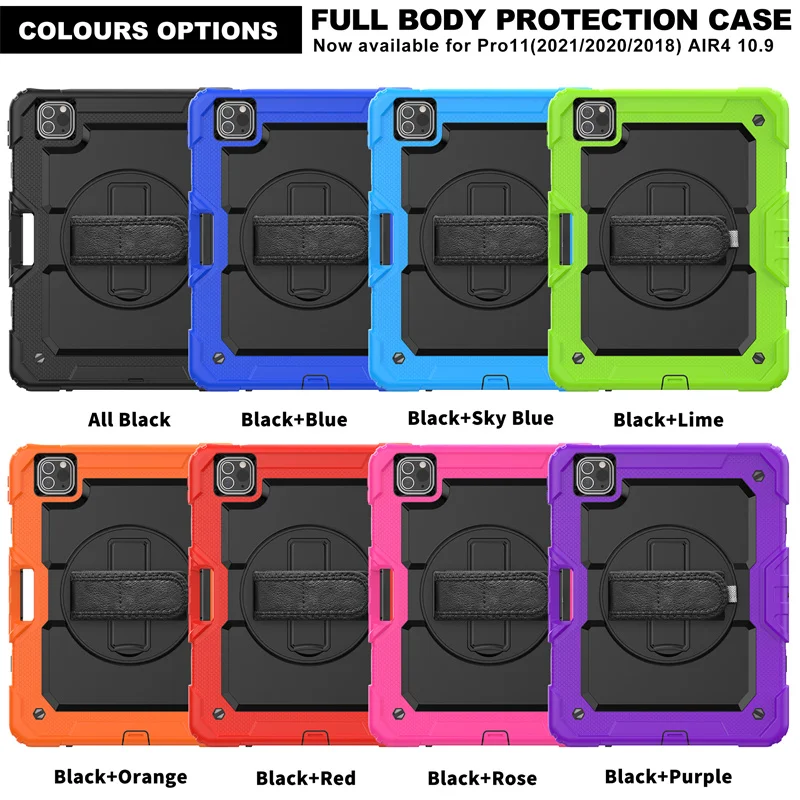 360 Rotation Hand Strap Kickstand Tablet Case For iPad Pro 11 2021 2020 2018 Silicone Protective Rugged Cover