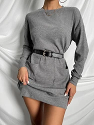 Women Korean Knitted Dress Long Sleeve V Neck Elastic Slim Pencil Dresses 2021 Autumn Sexy Bodycon Split Sweater Dress