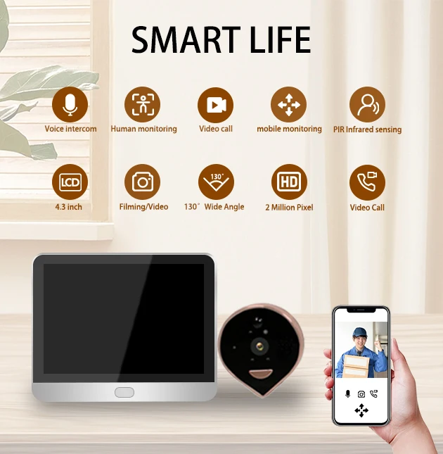 Tuya Smart 2MP WIFI Peephole Eyecat Camera Video Doorbell PIR Detection 4.3 ich LCD Screen Video Doorbell with Monitorl