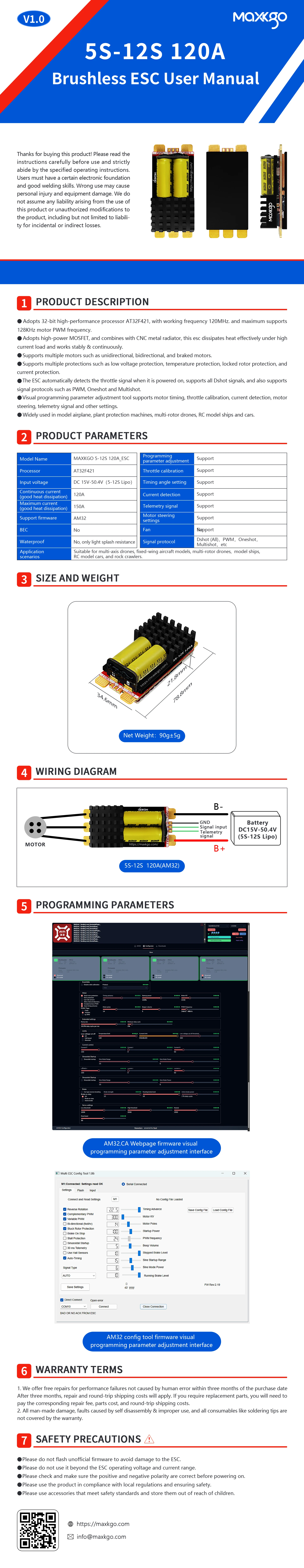 Brushless Speed Controller, MAXKGO, 120A, 5-12S, AM32 - detail 24
