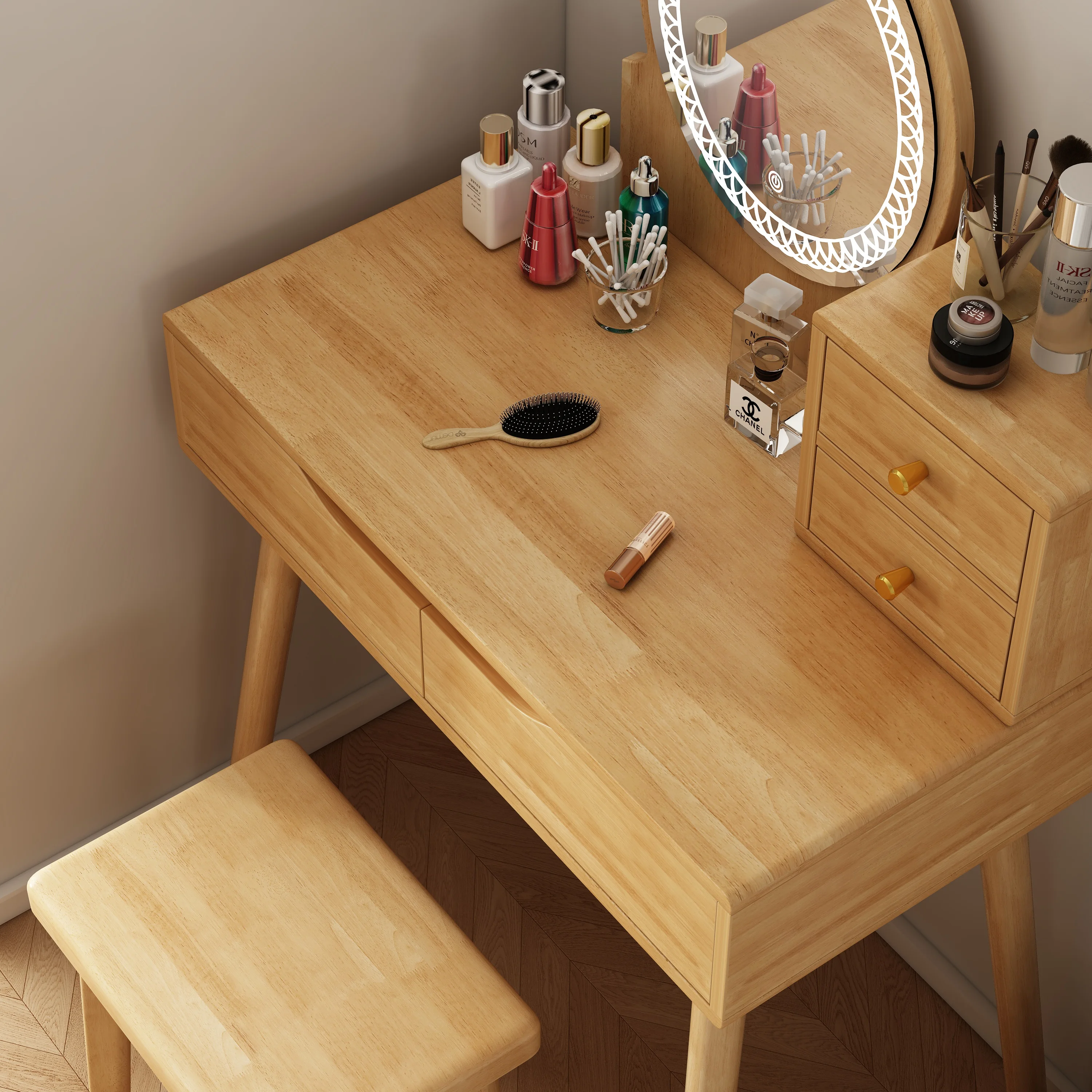 Wooden Oak Walnut Makeup Vanity Table with Round LED Lighted Mirror and Lots Storage for Girls Women Bedroom Studio.