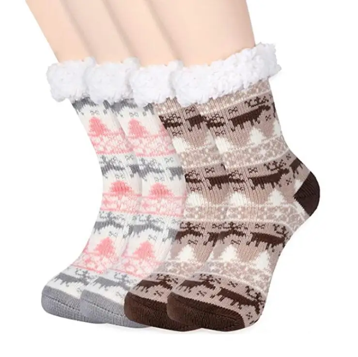 Womens Sherpa Winter Fleece Lining Knit Animal Socks Non Slip Warm Fluffy Fuzzy Cozy Christmas Slipper Socks 