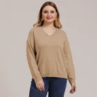 Top Women's Oversized V-neck Waffle Body Joint With 100% Polyeste Long Sleeve Top