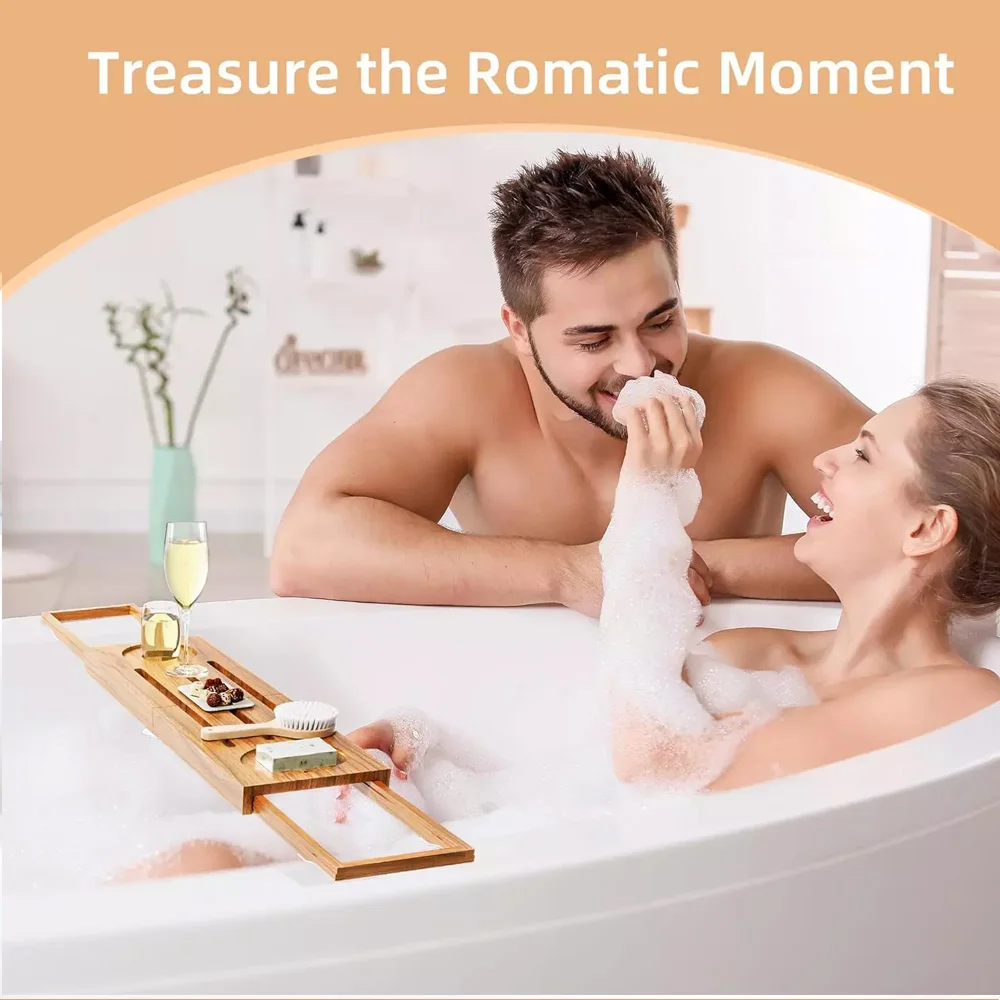 product expandable teak bathtub caddy tray with wine glass holder tablet phone stand soap dish foldable bathroom organizer-11