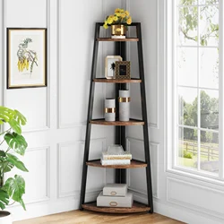 Vintage Wood  5-Tier Industrial Corner Bookshelf Etagere Freestanding Bookcase Ladder Shelf Display Organizer for Home Office