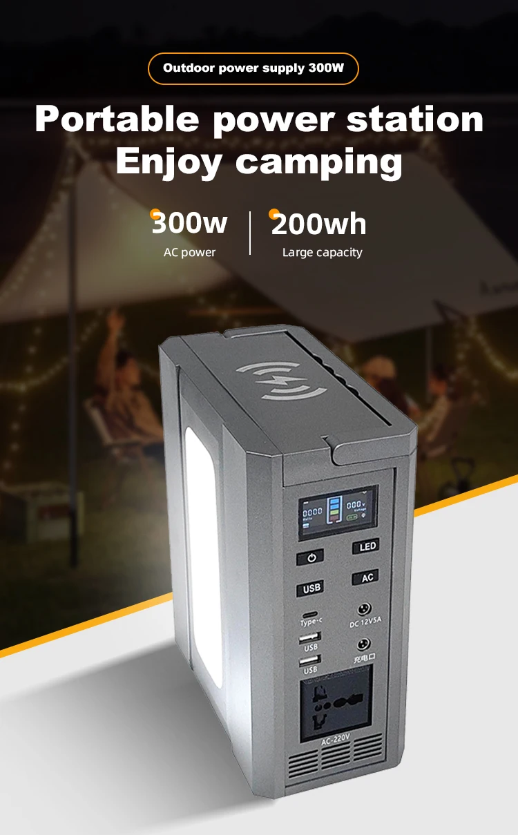 Portable Power Station With LED Light, 300Watts Ac Output, 200Wh LifePo4 Battery 15Watts Wireless Charging M-3T US/UK/EU Model supplier