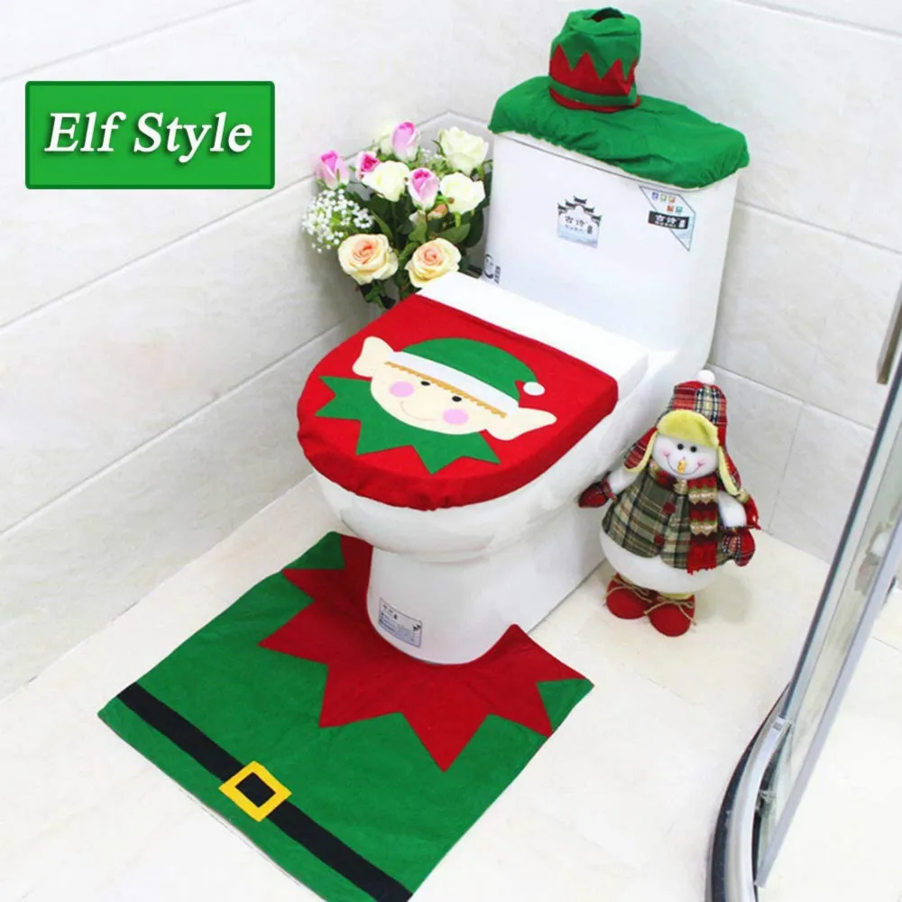 Fityle 3 Pieces Christmas Toilet Seat Cover and Rug Set Red Christmas Decorations Bathroom as described Ball 