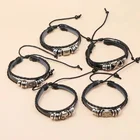 Rope Bracelets New Viking Style Multiple DIY Skull Alloy Rope Wrapped Couple Gifts Woven Leather Bracelets Set