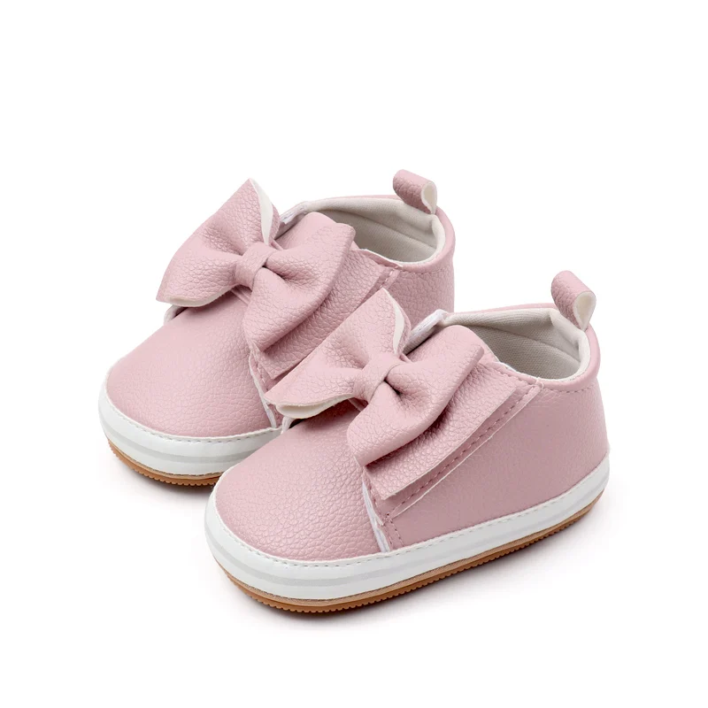 2024 Baby Girl Toddler Soft PU Material Shoes with Large Bow Hook Loop Design Flat and Non-Slip Rubber Bottom Solid Color factory