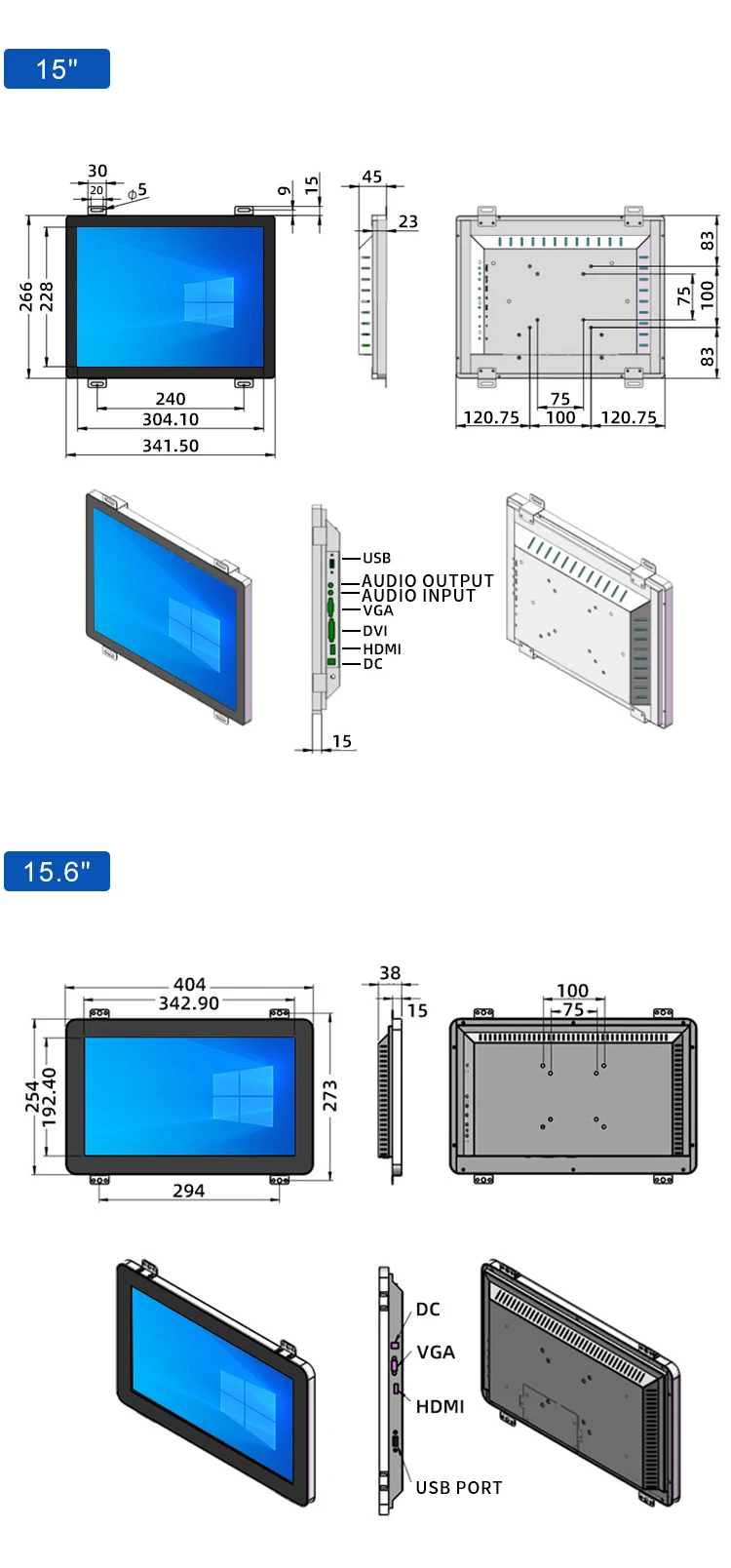 15.6 Inch Waterproof Industrial Monitor HD VGA BNC Capacitive PCAP USB 1366*768 1920*1080 TFT Display Aluminum Touch Screen